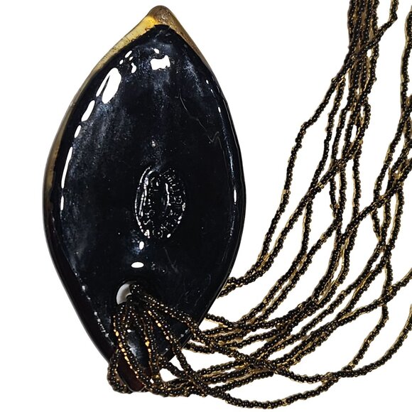Vintage Murano Glass Necklace Gold Black Seed Beaded Chain Fashion Jewelry - Picture 4 of 8